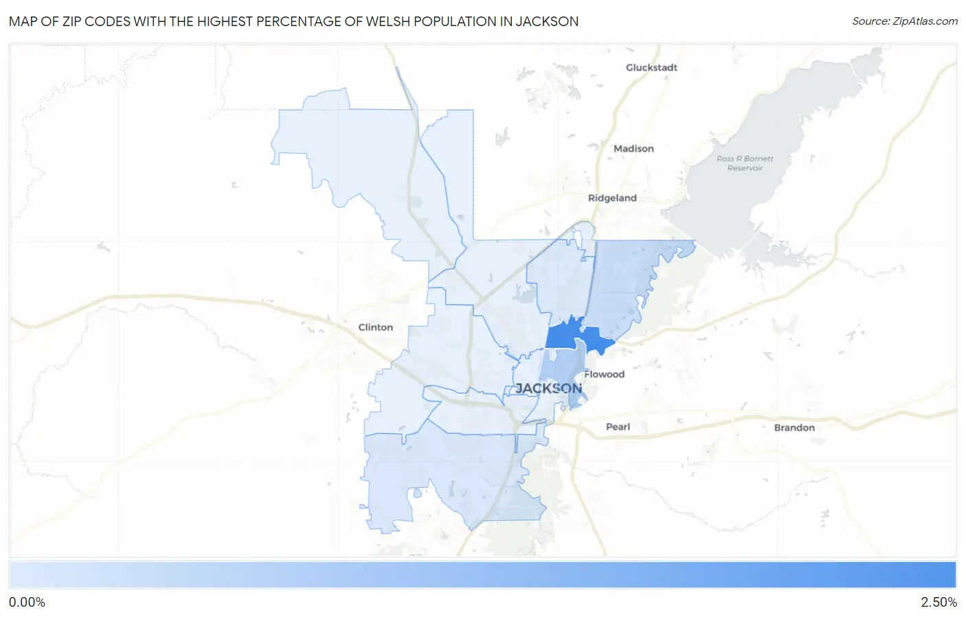 Zip Codes with the Highest Percentage of Welsh Population in Jackson Map