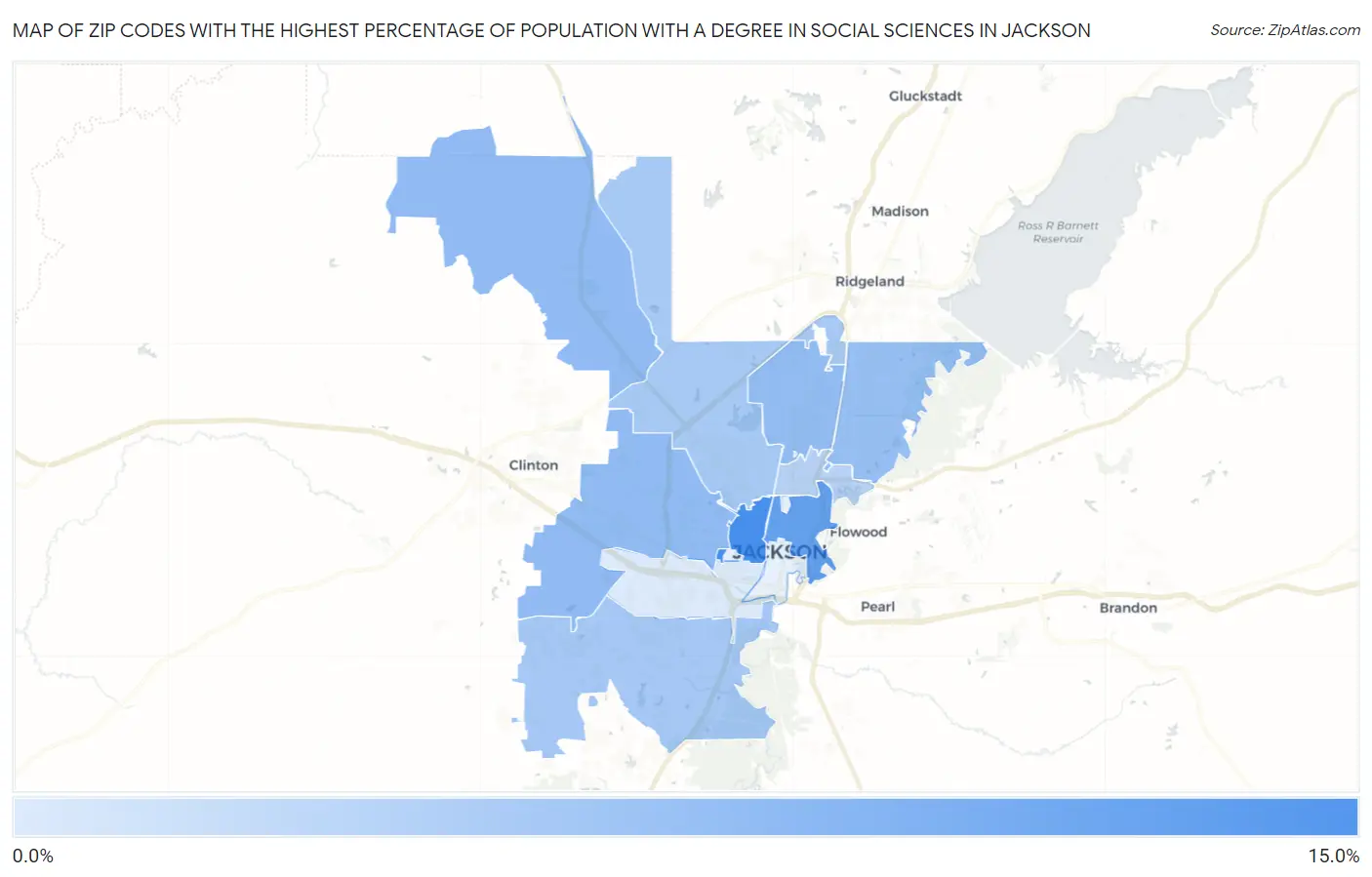 Zip Codes with the Highest Percentage of Population with a Degree in Social Sciences in Jackson Map