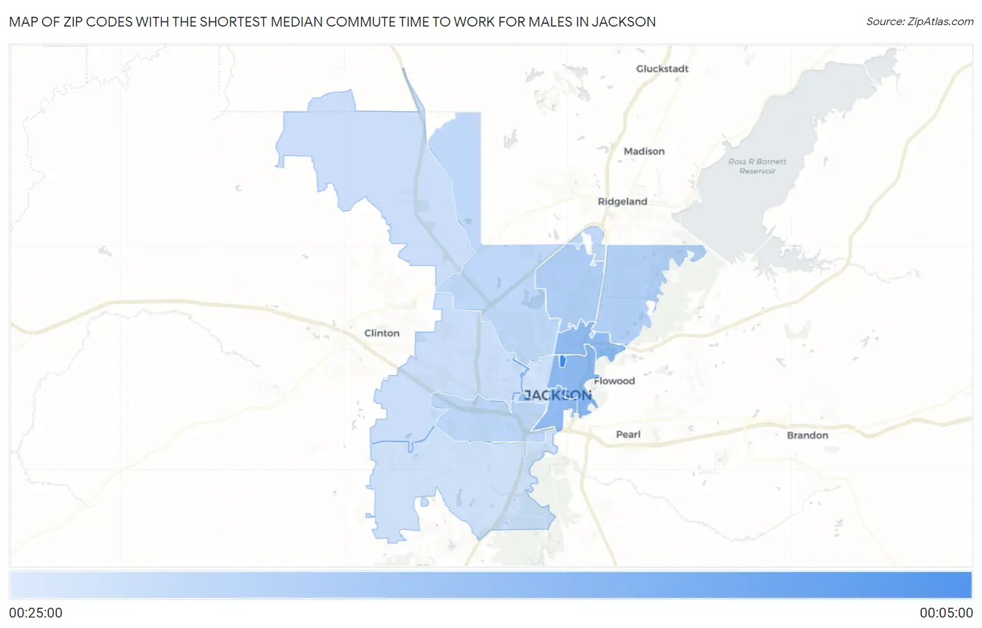 Zip Codes with the Shortest Median Commute Time to Work for Males in Jackson Map