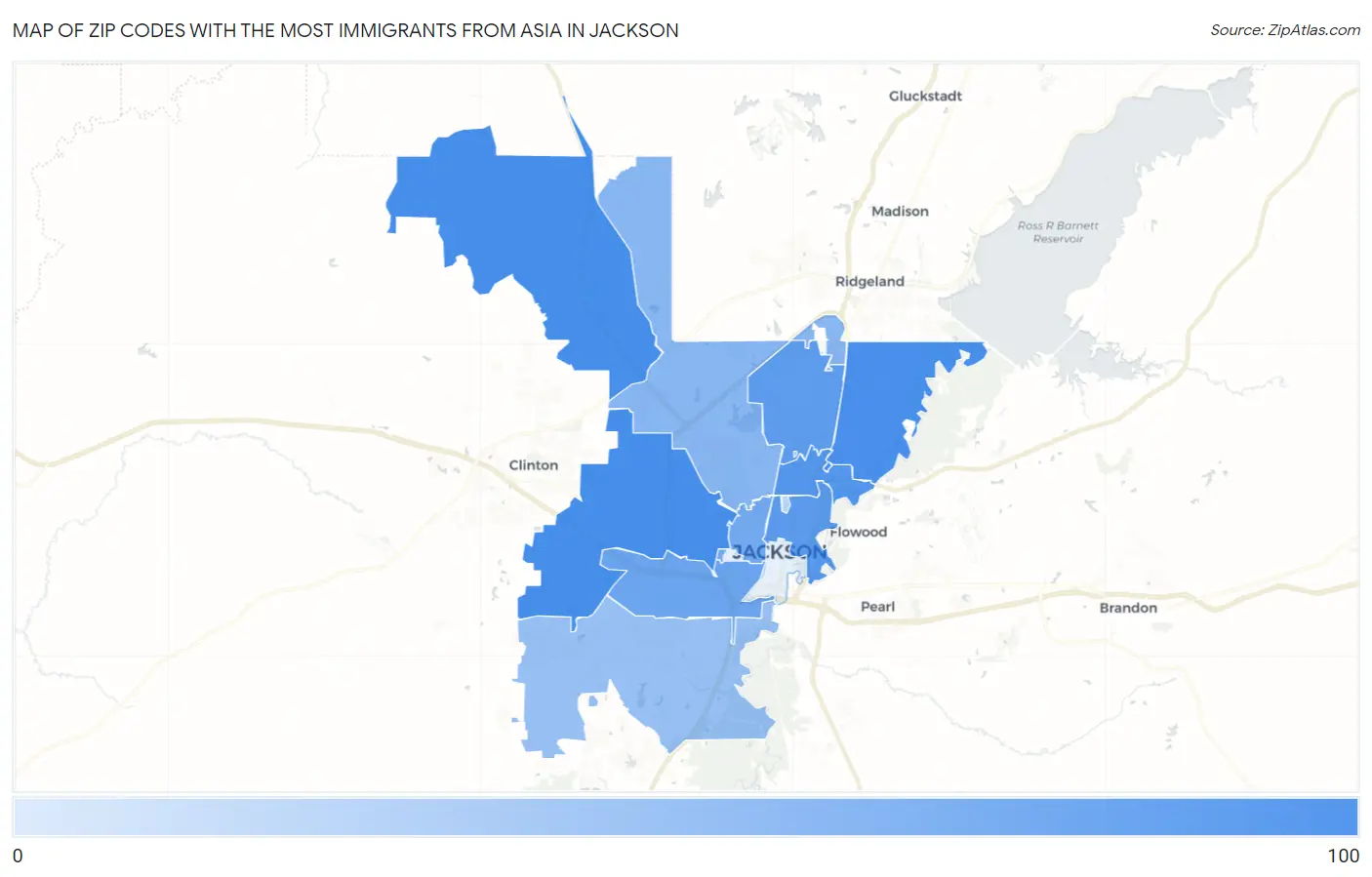 Zip Codes with the Most Immigrants from Asia in Jackson Map