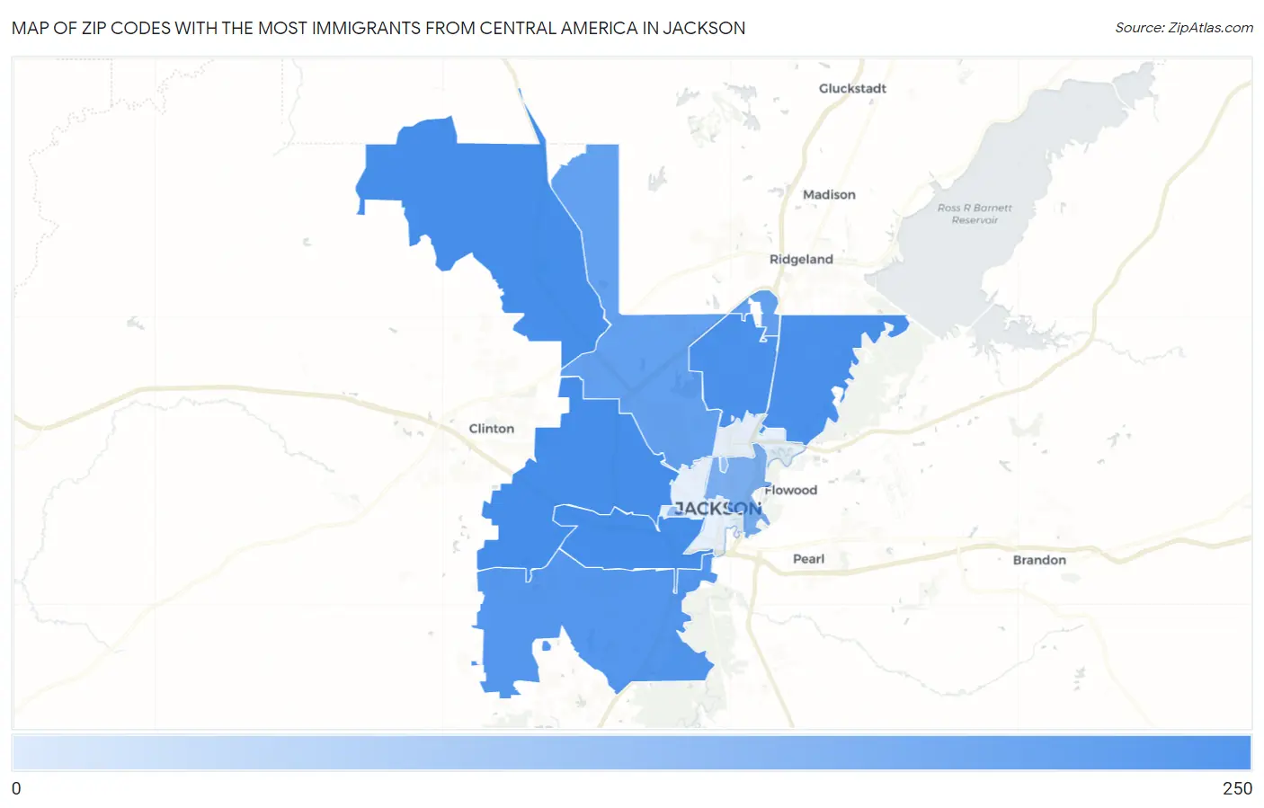 Zip Codes with the Most Immigrants from Central America in Jackson Map