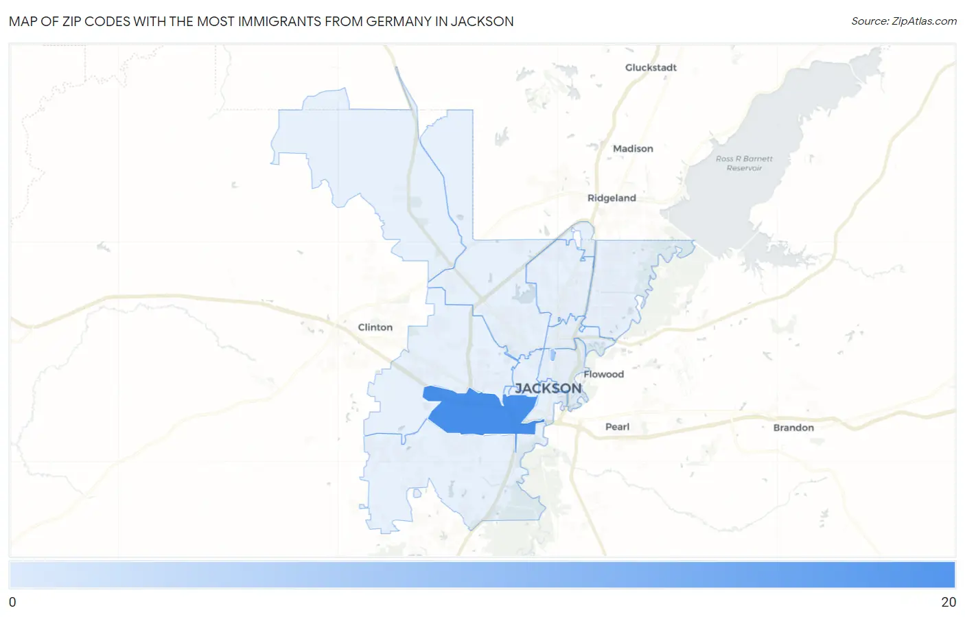Zip Codes with the Most Immigrants from Germany in Jackson Map