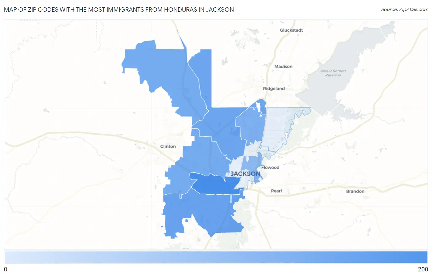 Zip Codes with the Most Immigrants from Honduras in Jackson Map