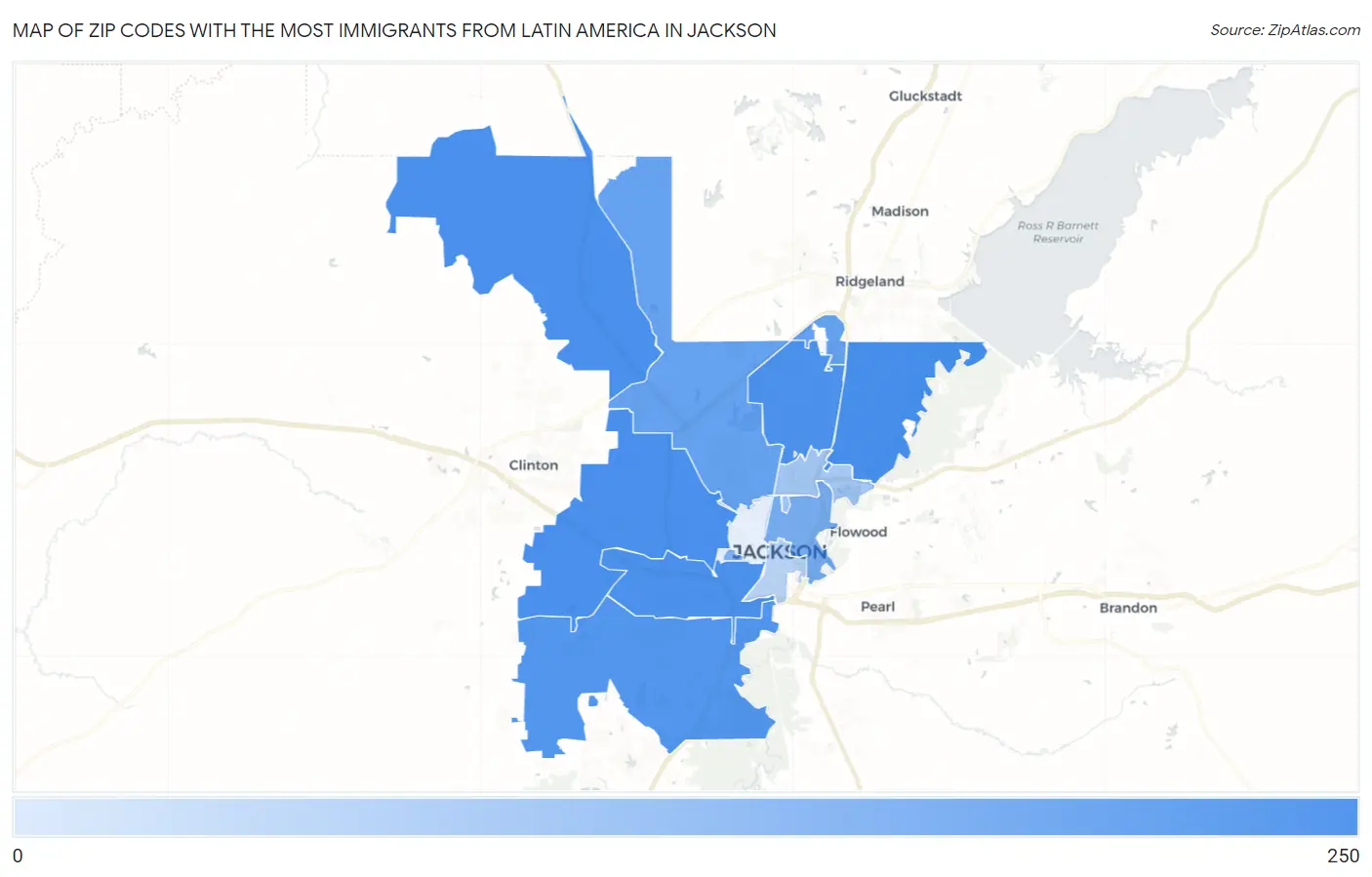 Zip Codes with the Most Immigrants from Latin America in Jackson Map