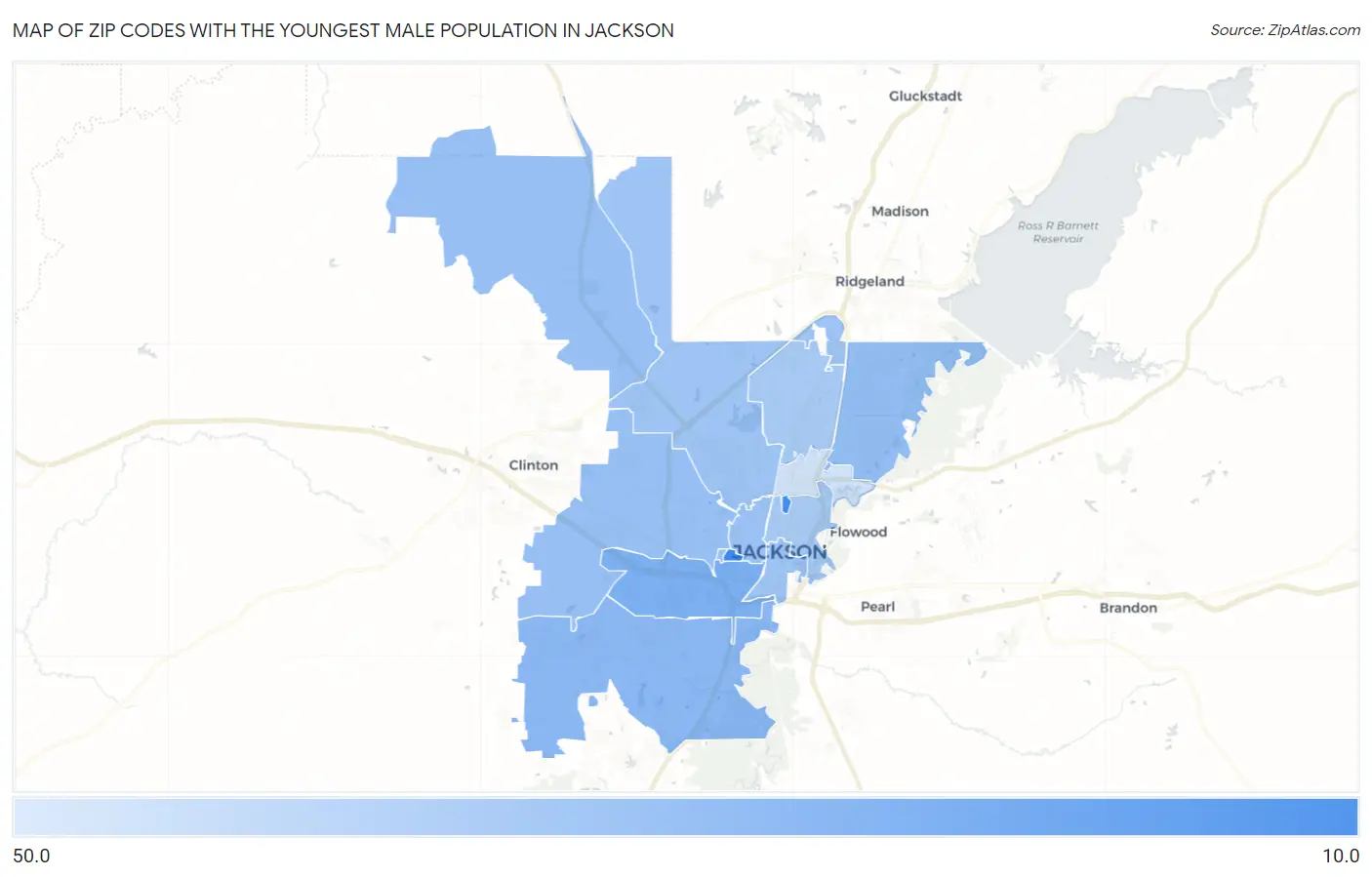 Zip Codes with the Youngest Male Population in Jackson Map