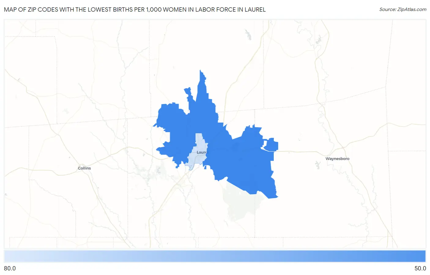 Zip Codes with the Lowest Births per 1,000 Women in Labor Force in Laurel Map