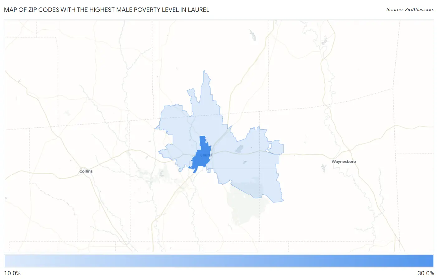 Zip Codes with the Highest Male Poverty Level in Laurel Map