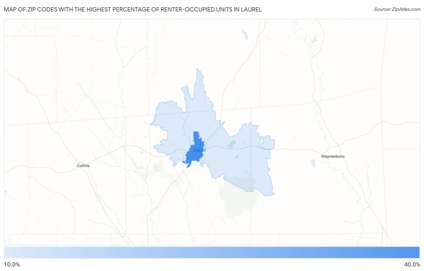 Zip Codes with the Highest Percentage of Renter-Occupied Units in Laurel Map
