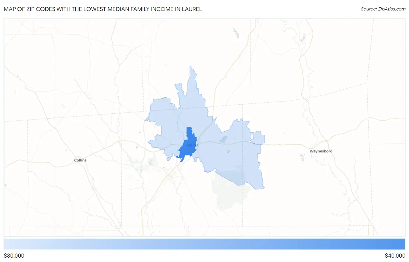Zip Codes with the Lowest Median Family Income in Laurel Map