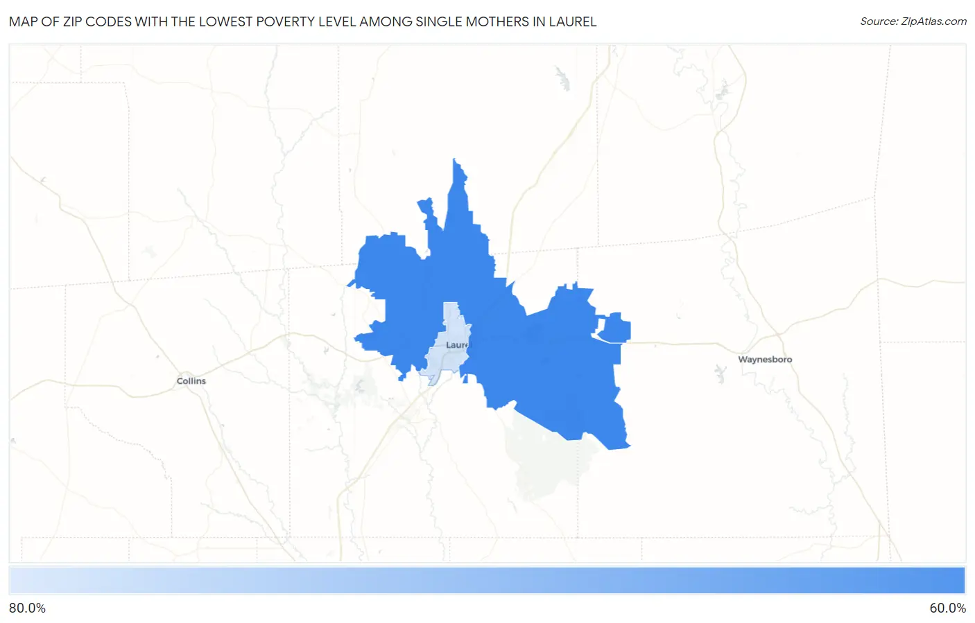 Zip Codes with the Lowest Poverty Level Among Single Mothers in Laurel Map