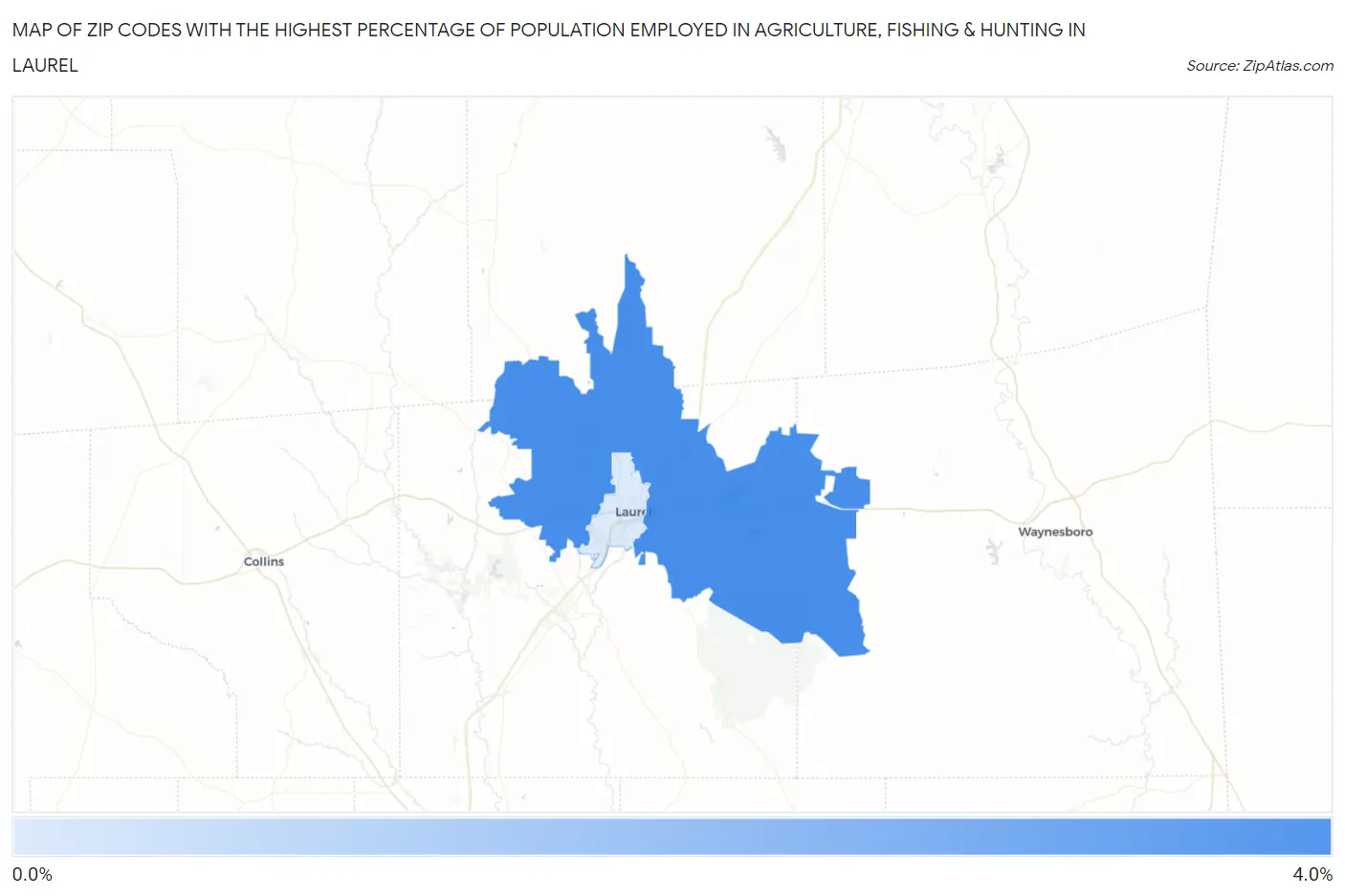 Zip Codes with the Highest Percentage of Population Employed in Agriculture, Fishing & Hunting in Laurel Map