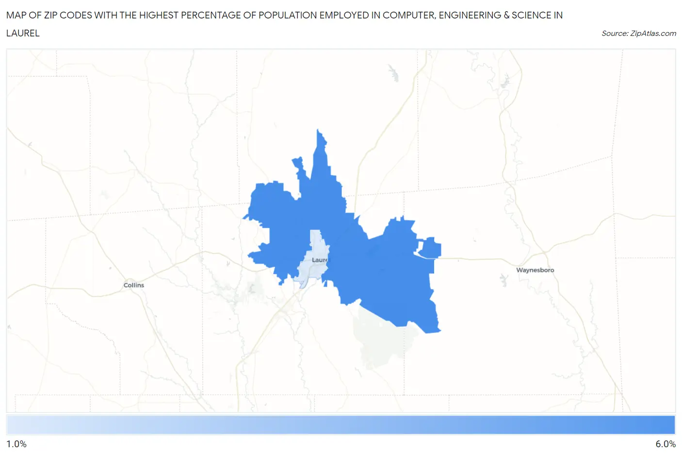 Zip Codes with the Highest Percentage of Population Employed in Computer, Engineering & Science in Laurel Map