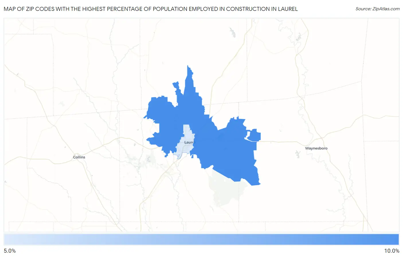 Zip Codes with the Highest Percentage of Population Employed in Construction in Laurel Map