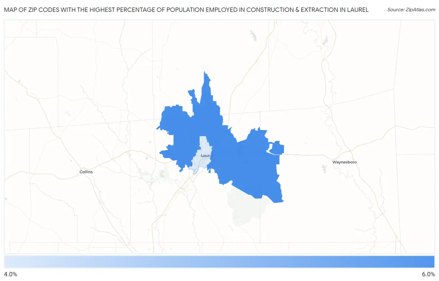 Zip Codes with the Highest Percentage of Population Employed in Construction & Extraction in Laurel Map