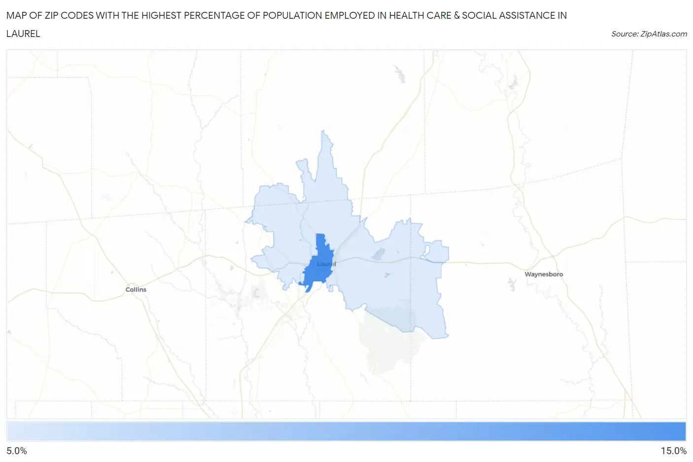 Zip Codes with the Highest Percentage of Population Employed in Health Care & Social Assistance in Laurel Map