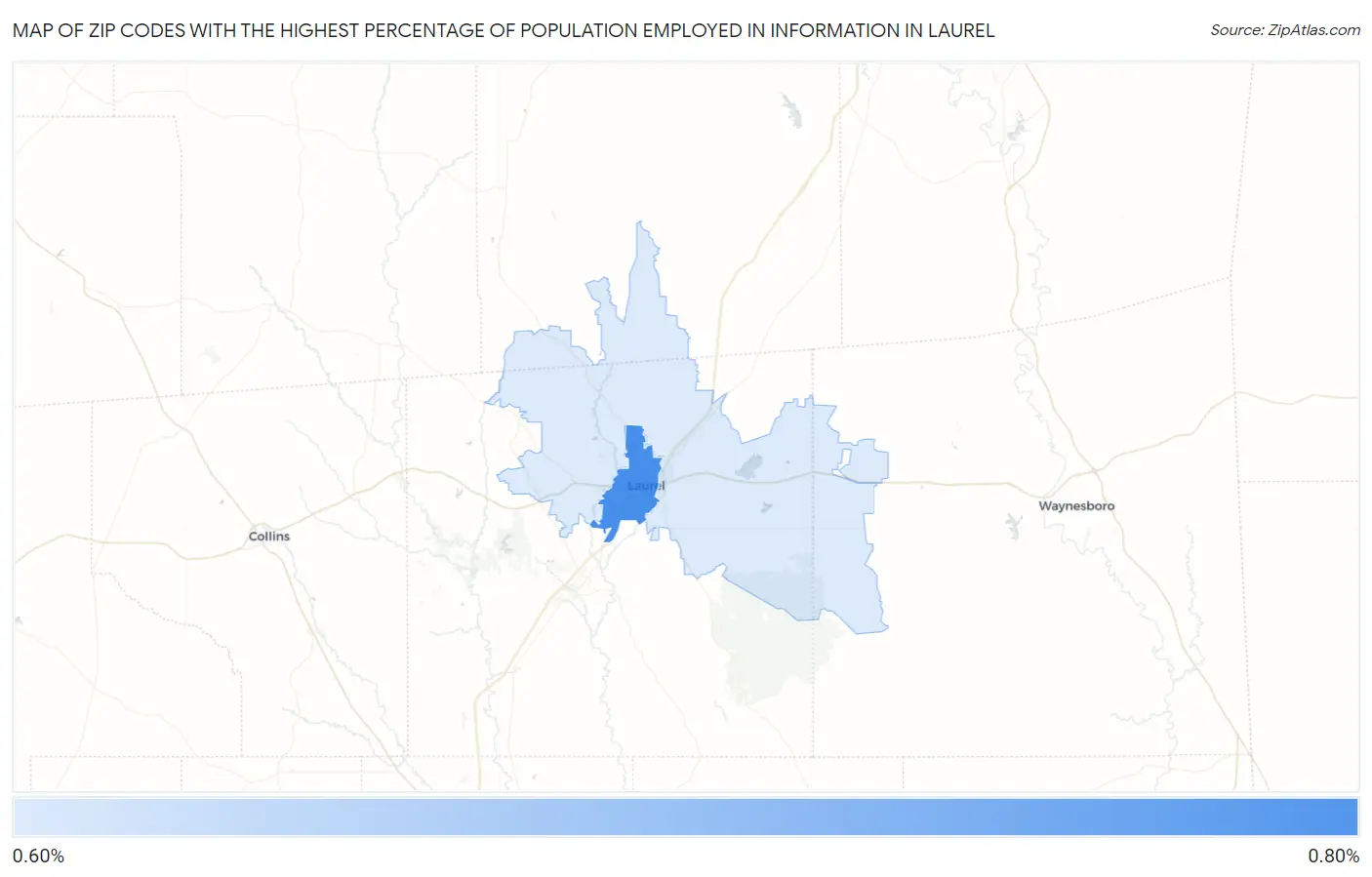 Zip Codes with the Highest Percentage of Population Employed in Information in Laurel Map