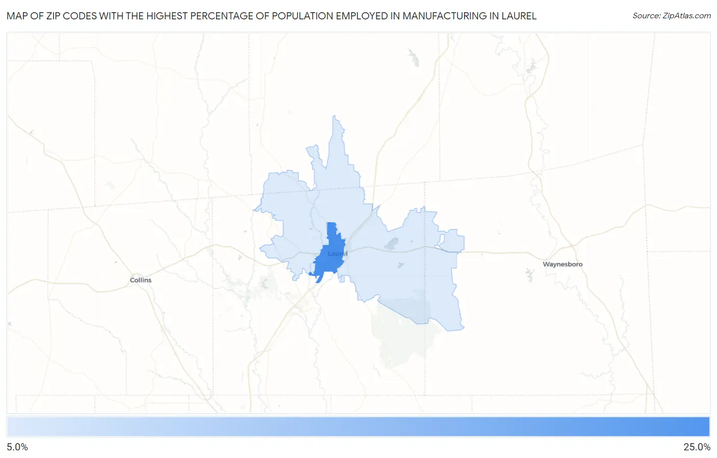Zip Codes with the Highest Percentage of Population Employed in Manufacturing in Laurel Map