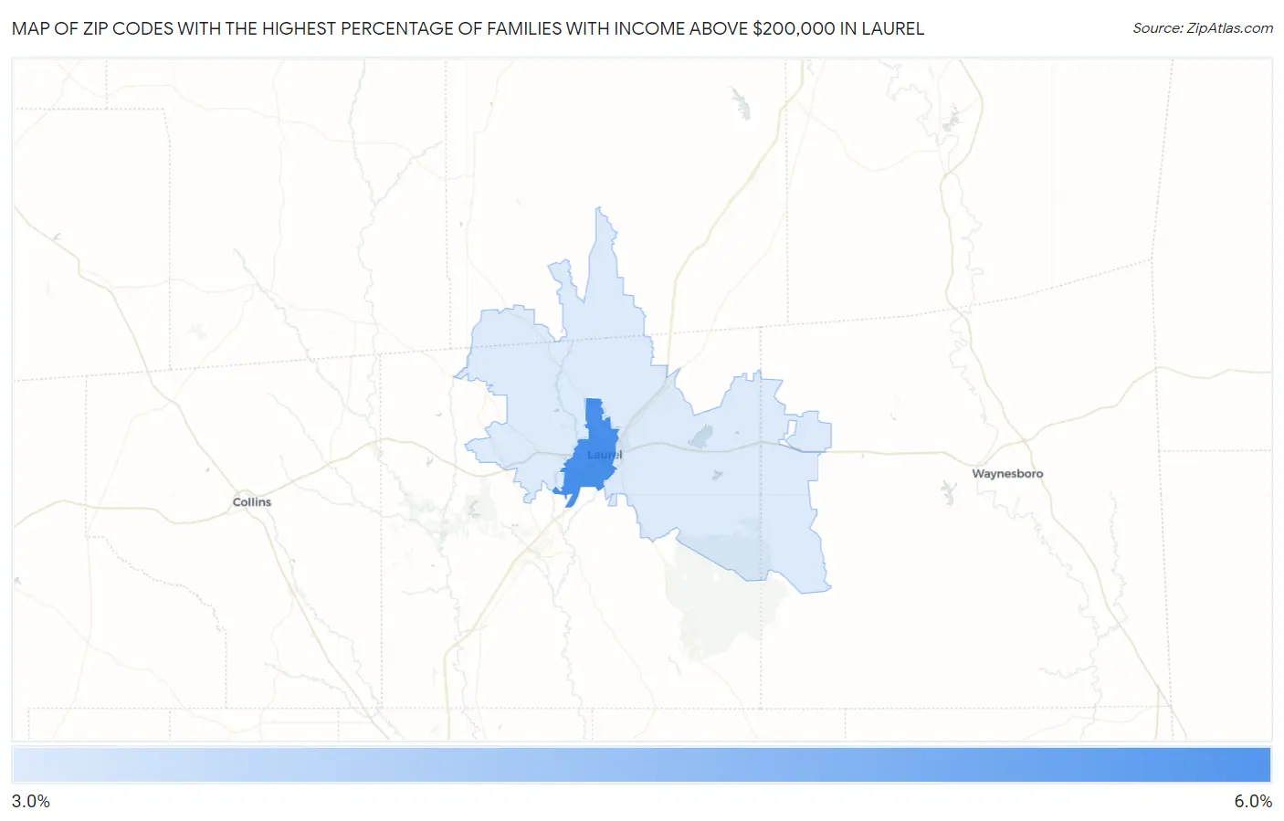 Zip Codes with the Highest Percentage of Families with Income Above $200,000 in Laurel Map