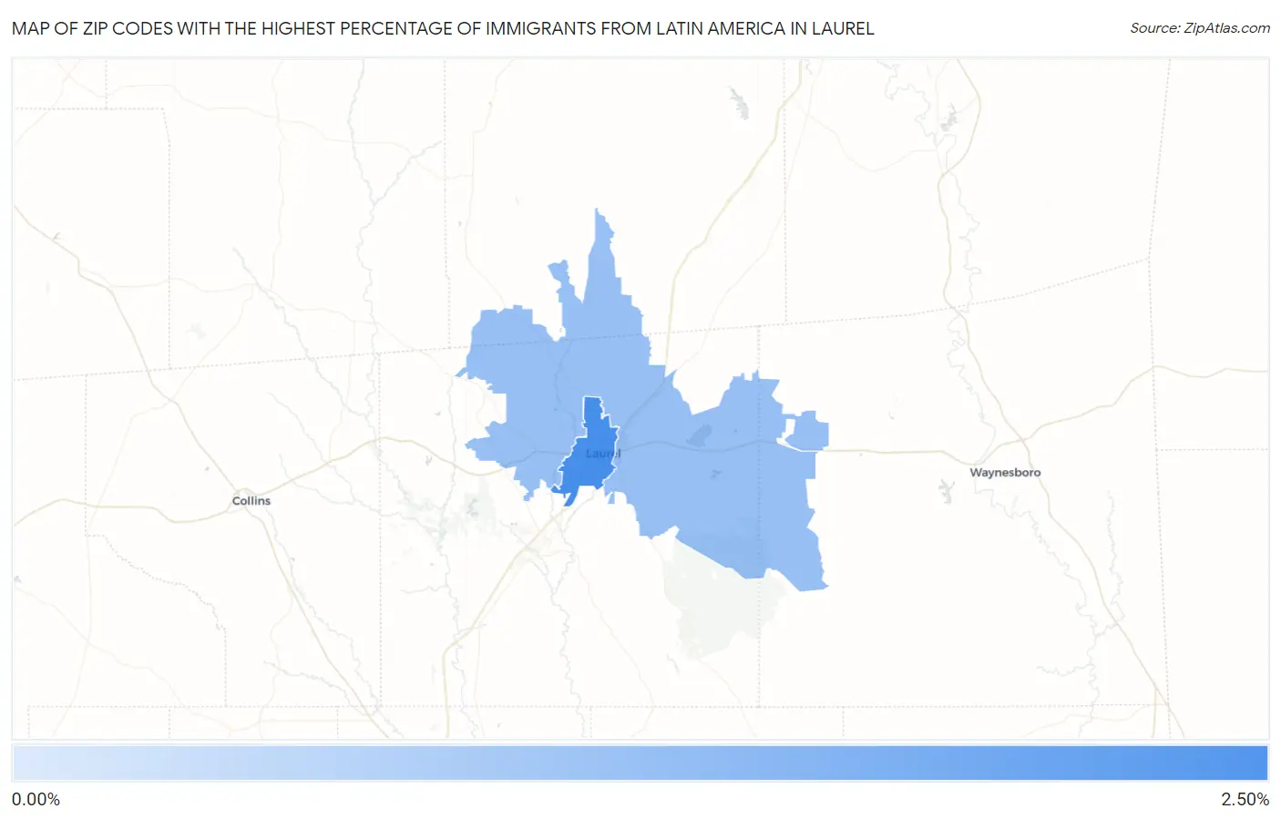 Zip Codes with the Highest Percentage of Immigrants from Latin America in Laurel Map
