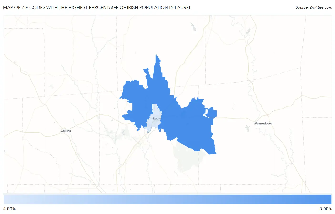 Zip Codes with the Highest Percentage of Irish Population in Laurel Map