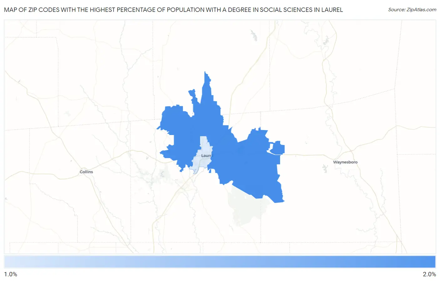Zip Codes with the Highest Percentage of Population with a Degree in Social Sciences in Laurel Map