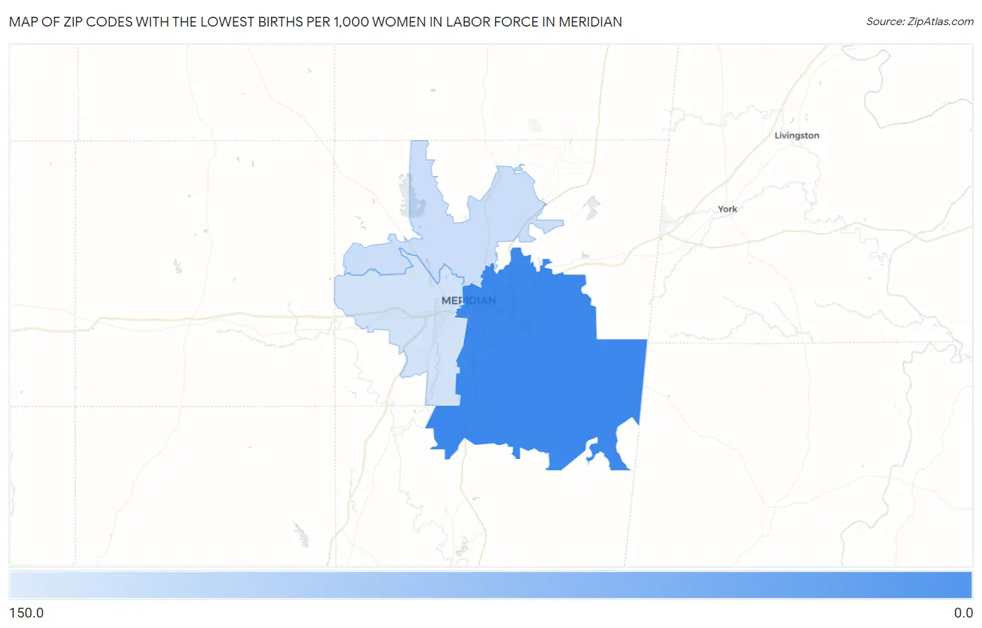 Zip Codes with the Lowest Births per 1,000 Women in Labor Force in Meridian Map
