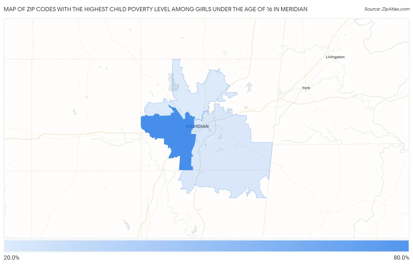 Zip Codes with the Highest Child Poverty Level Among Girls Under the Age of 16 in Meridian Map