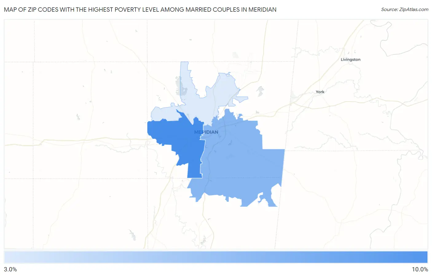 Zip Codes with the Highest Poverty Level Among Married Couples in Meridian Map