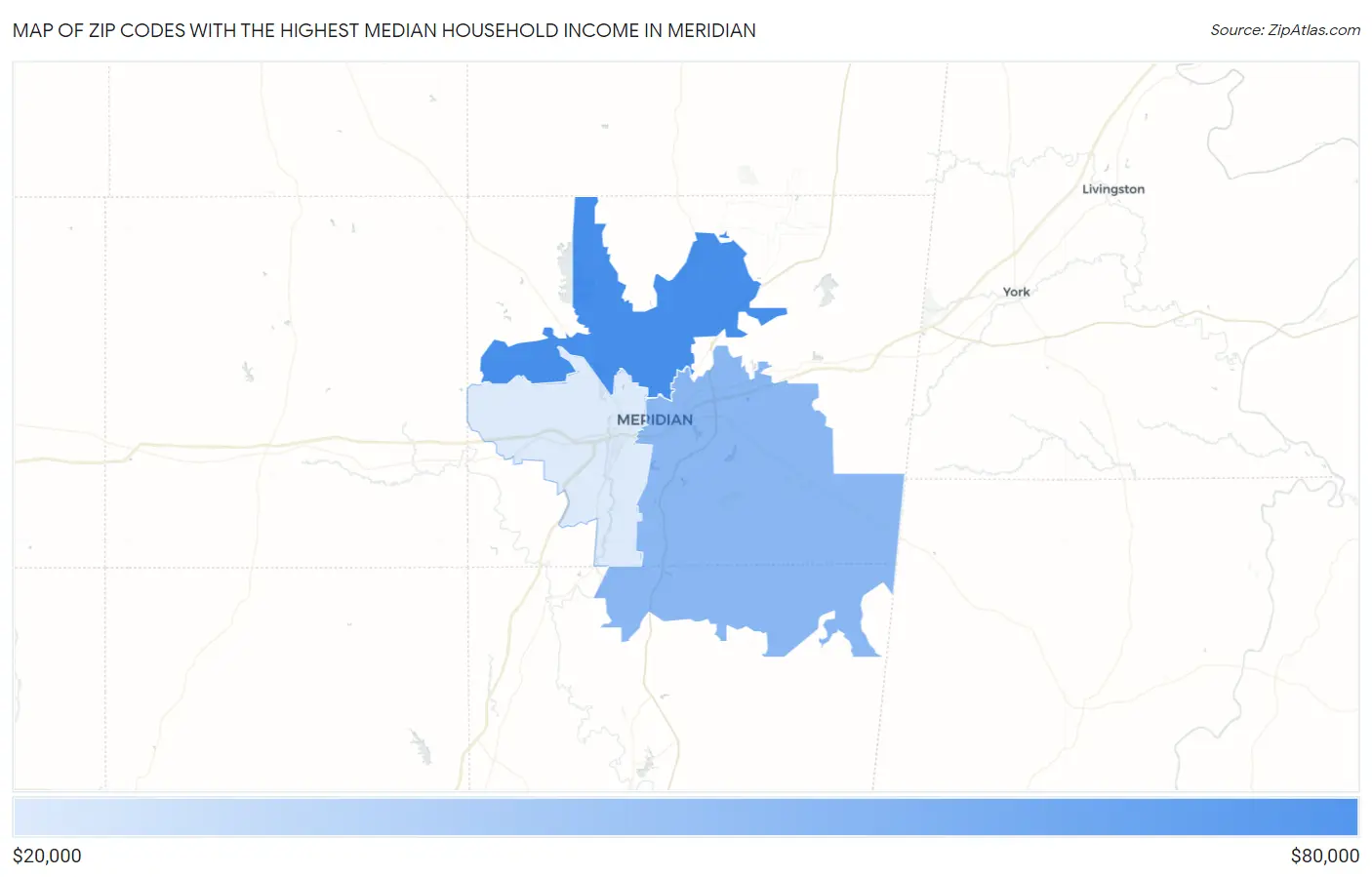Zip Codes with the Highest Median Household Income in Meridian Map