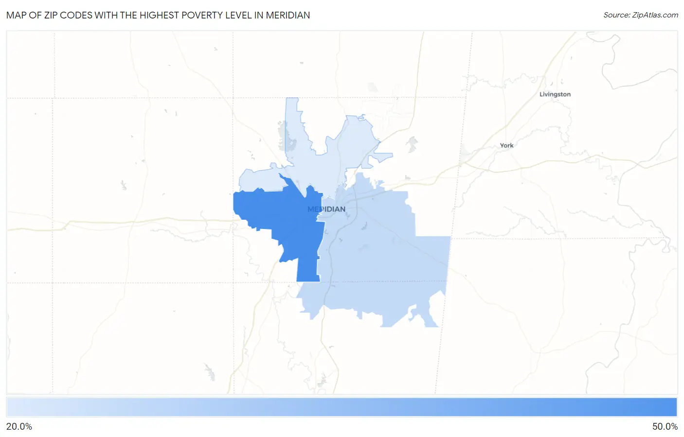Zip Codes with the Highest Poverty Level in Meridian Map