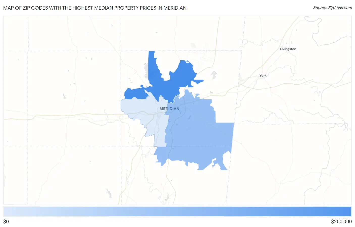 Zip Codes with the Highest Median Property Prices in Meridian Map