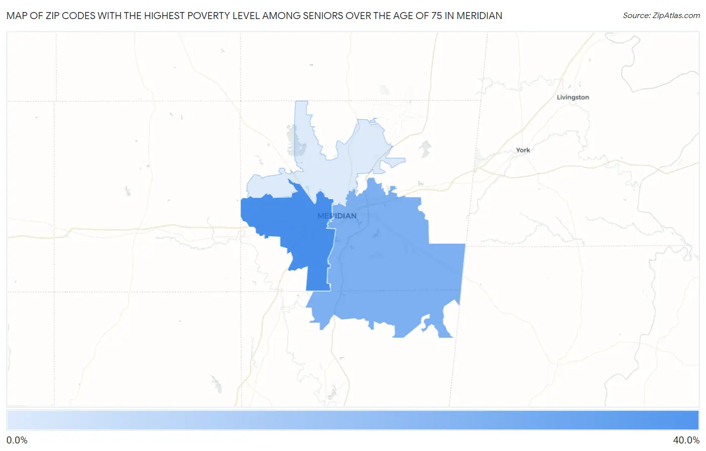 Zip Codes with the Highest Poverty Level Among Seniors Over the Age of 75 in Meridian Map