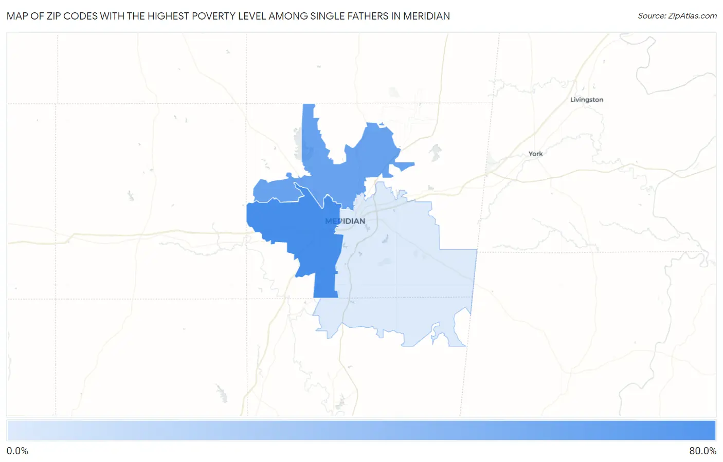 Zip Codes with the Highest Poverty Level Among Single Fathers in Meridian Map