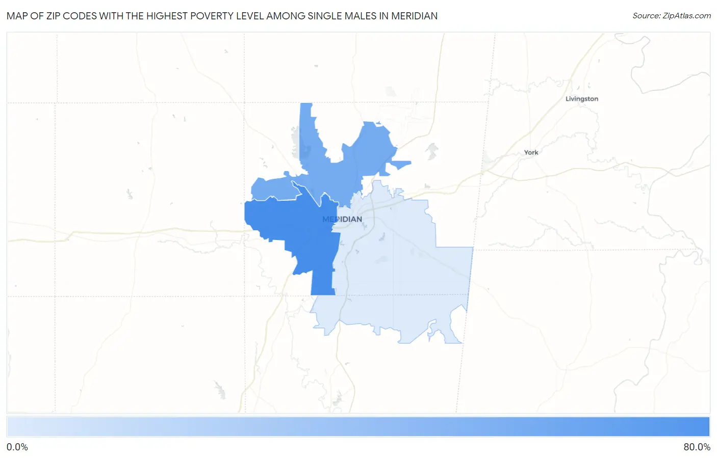 Zip Codes with the Highest Poverty Level Among Single Males in Meridian Map