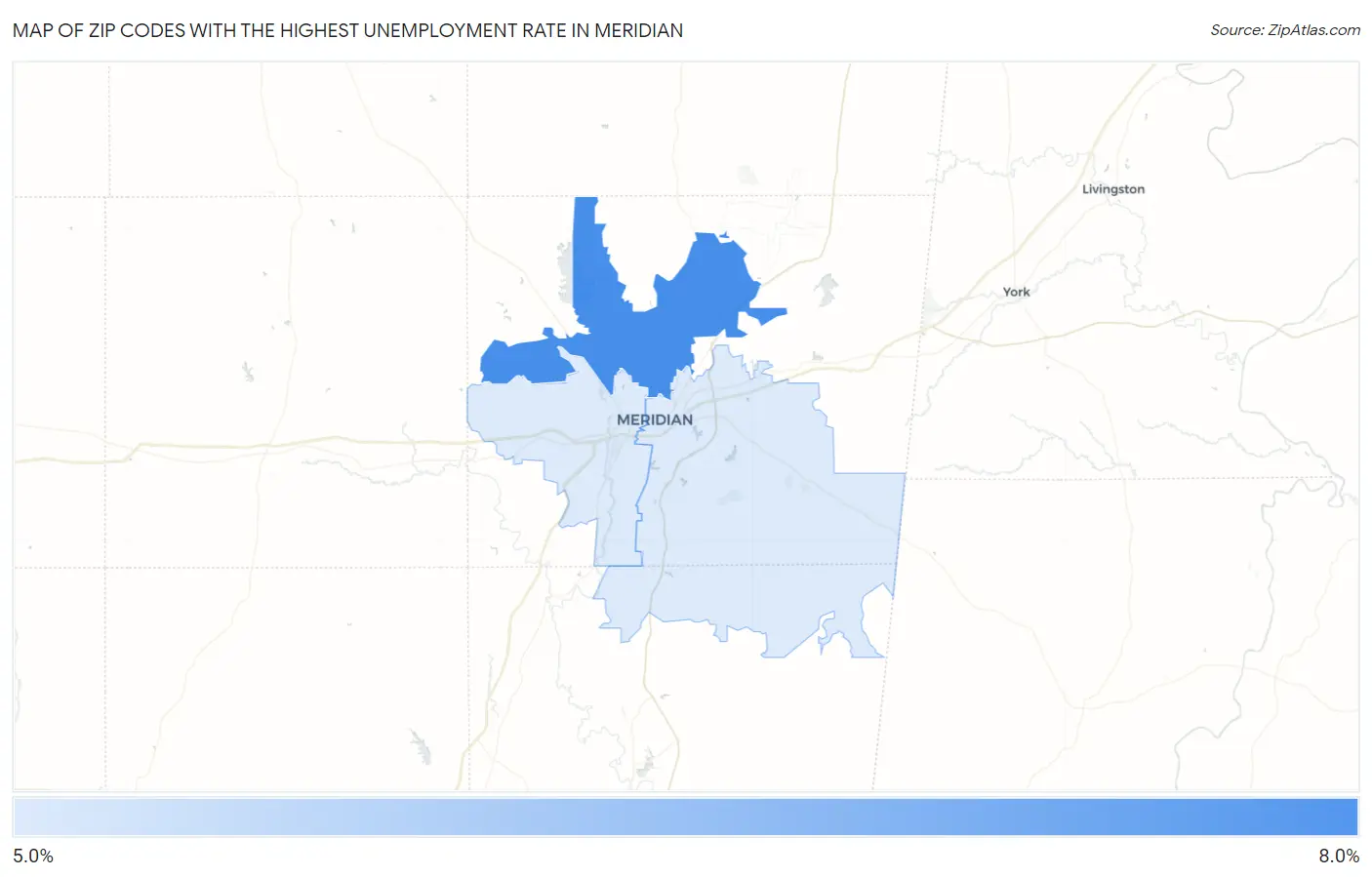 Zip Codes with the Highest Unemployment Rate in Meridian Map