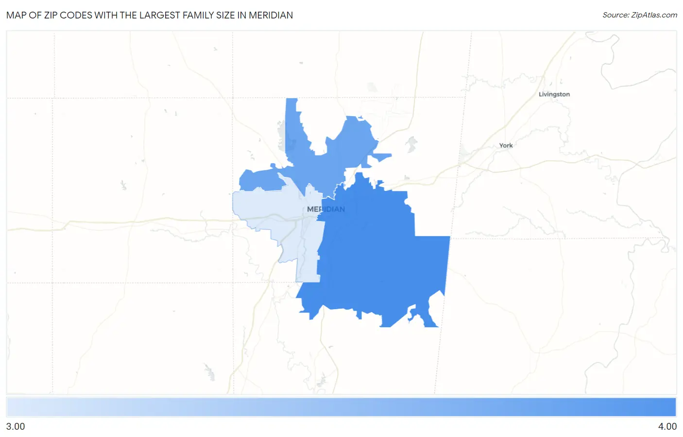 Zip Codes with the Largest Family Size in Meridian Map