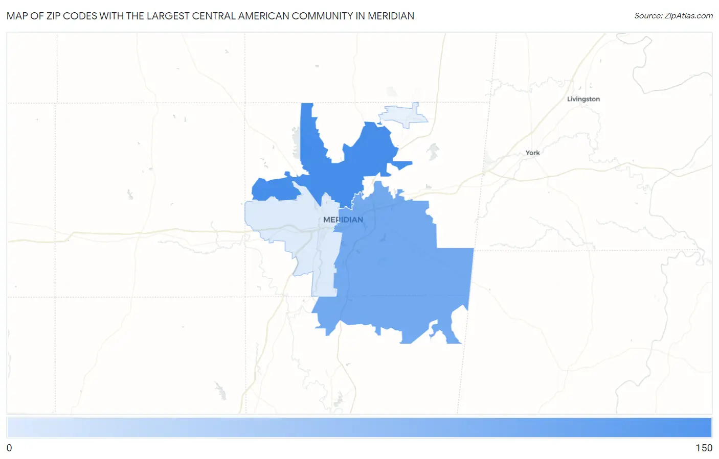 Zip Codes with the Largest Central American Community in Meridian Map