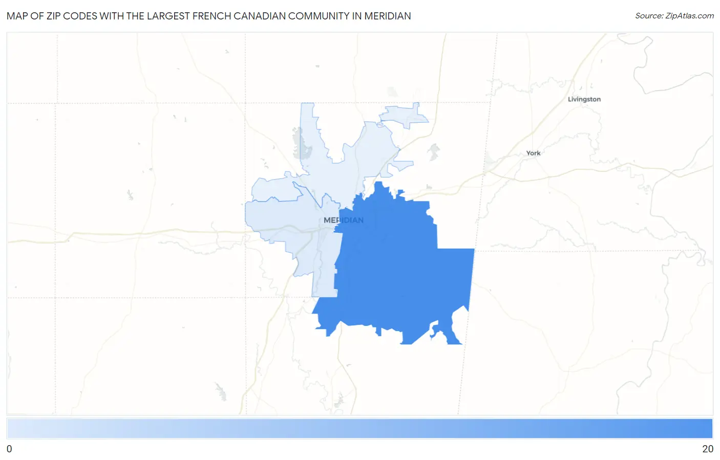 Zip Codes with the Largest French Canadian Community in Meridian Map