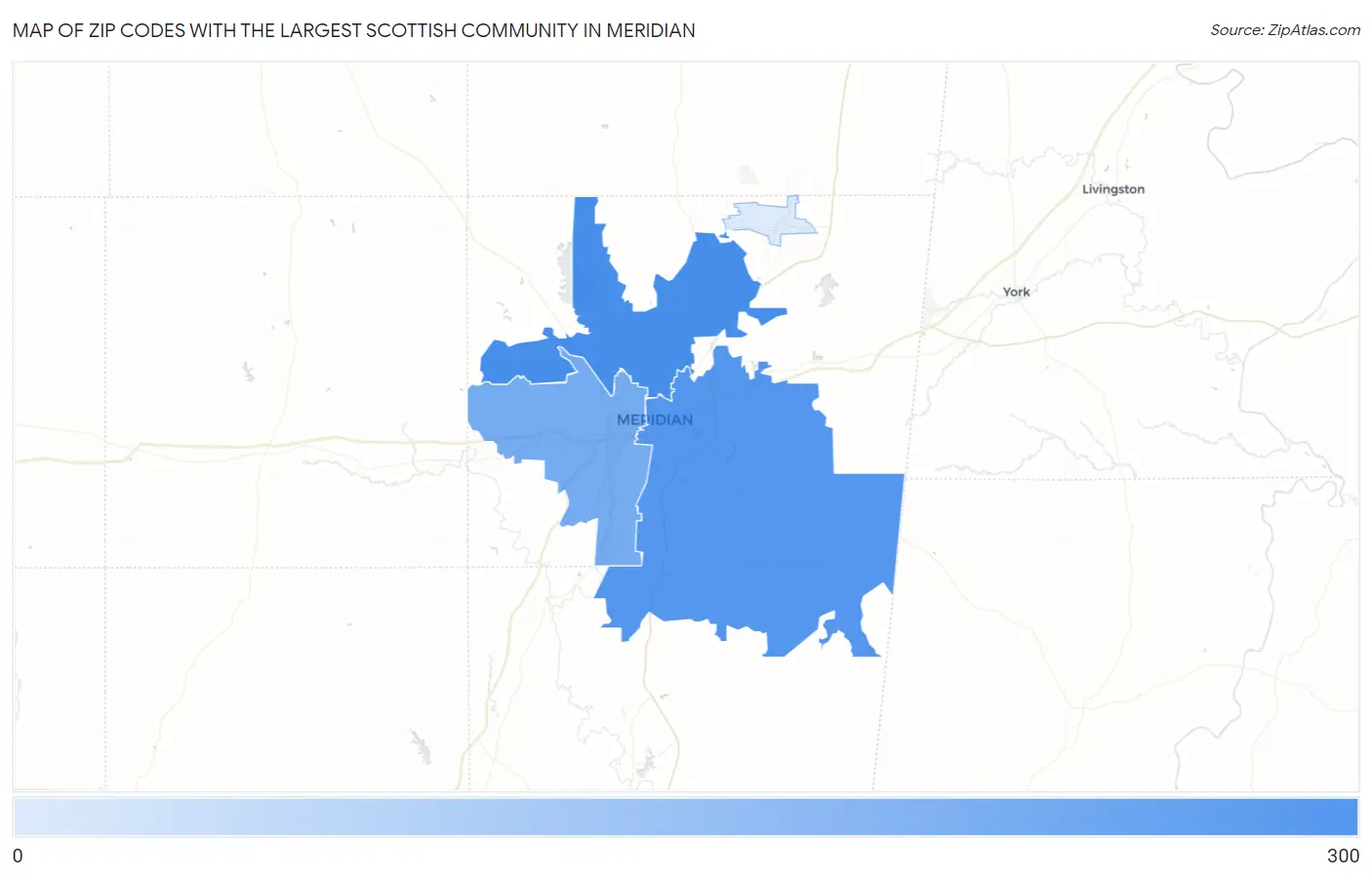 Zip Codes with the Largest Scottish Community in Meridian Map