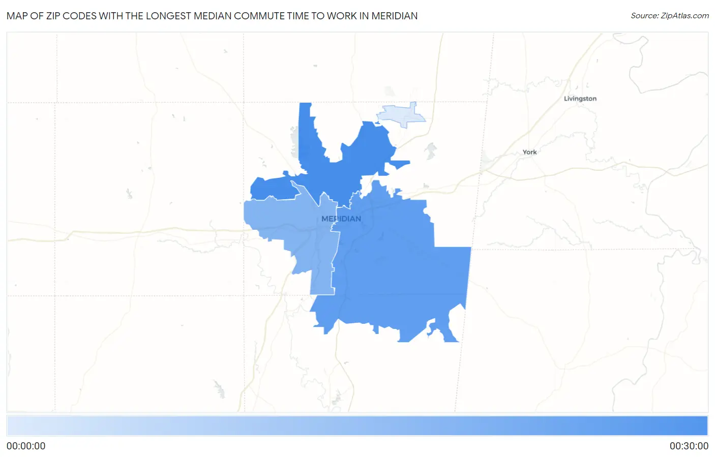 Zip Codes with the Longest Median Commute Time to Work in Meridian Map