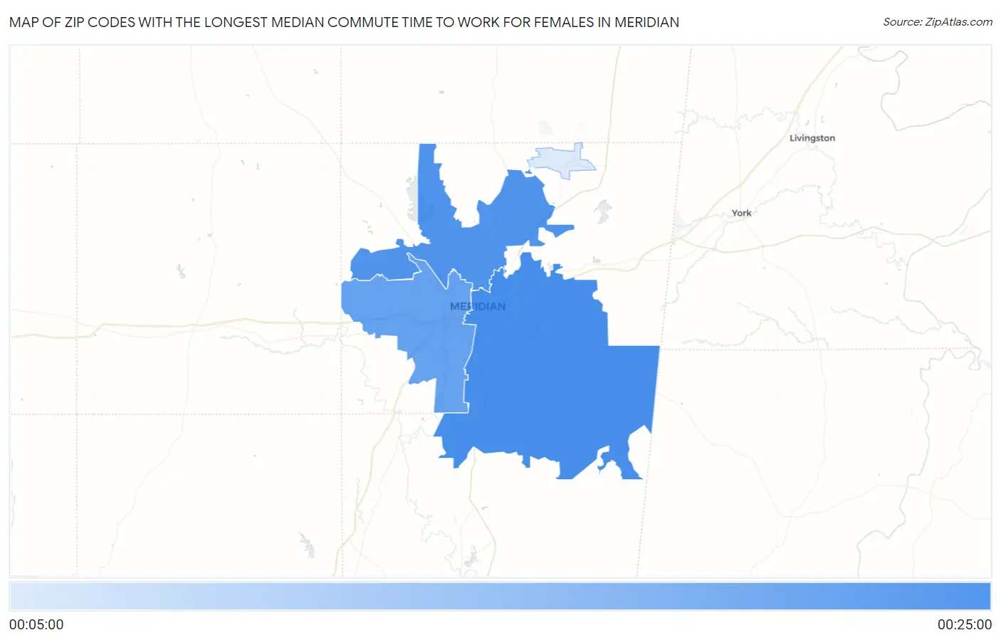 Zip Codes with the Longest Median Commute Time to Work for Females in Meridian Map