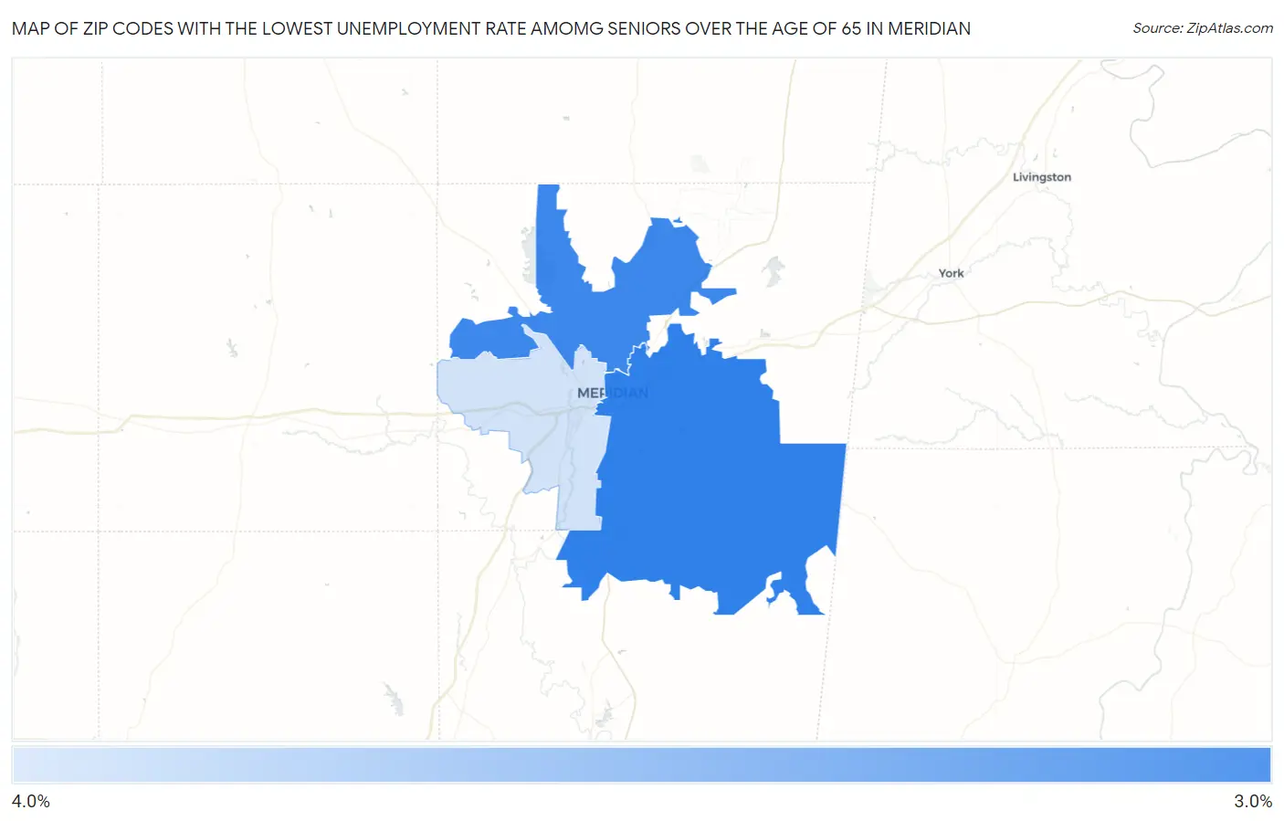 Zip Codes with the Lowest Unemployment Rate Amomg Seniors Over the Age of 65 in Meridian Map