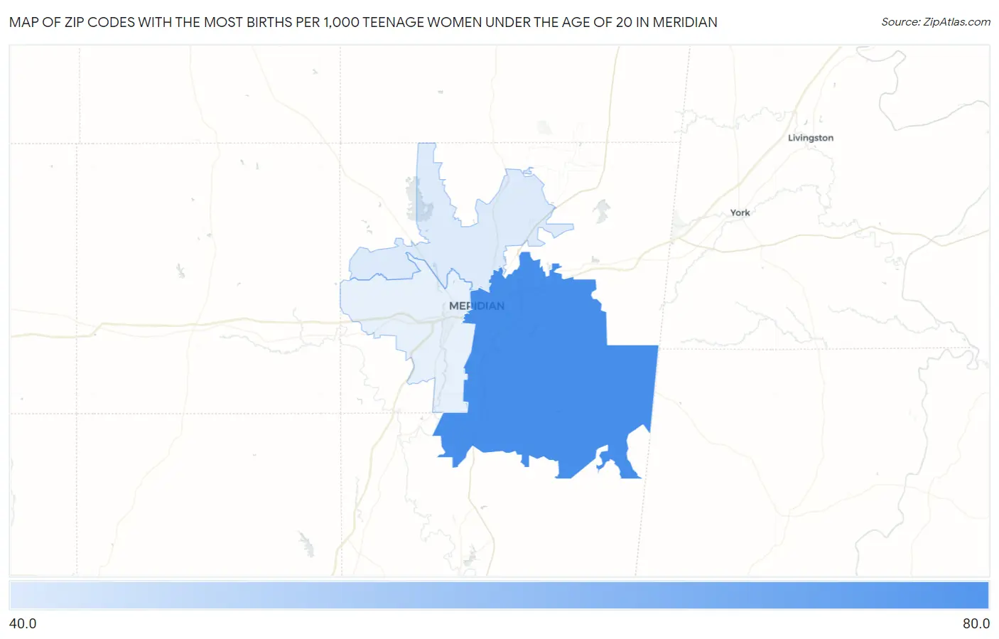 Zip Codes with the Most Births per 1,000 Teenage Women Under the Age of 20 in Meridian Map
