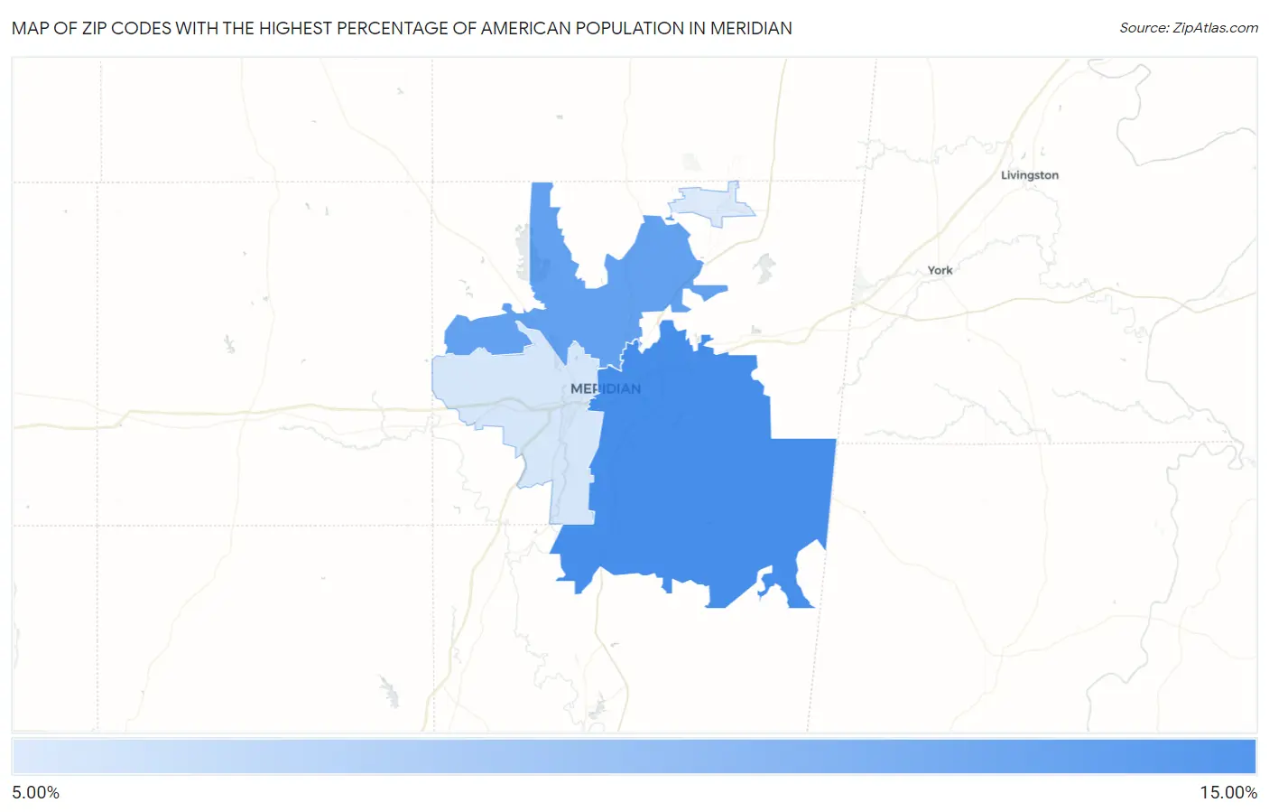 Zip Codes with the Highest Percentage of American Population in Meridian Map