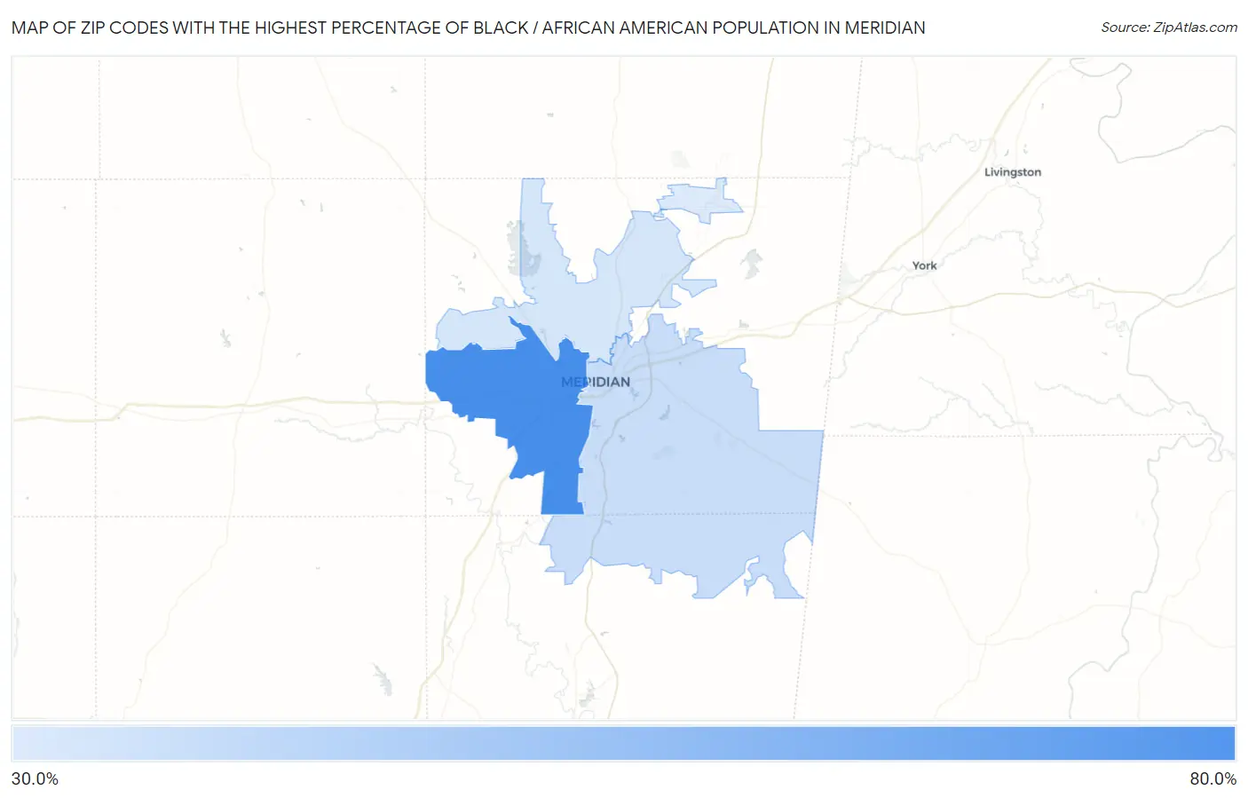 Zip Codes with the Highest Percentage of Black / African American Population in Meridian Map