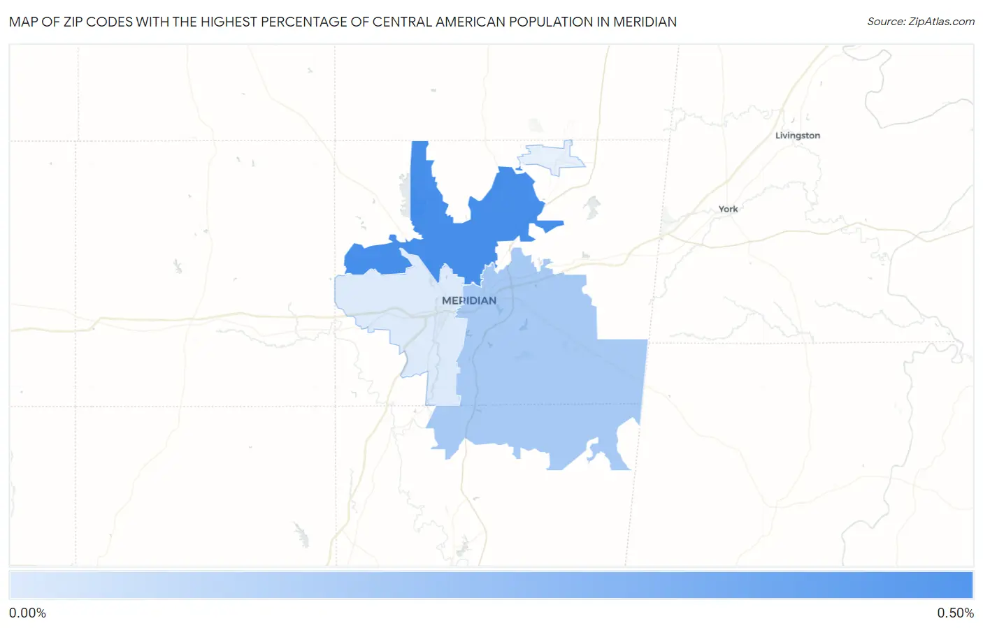 Zip Codes with the Highest Percentage of Central American Population in Meridian Map