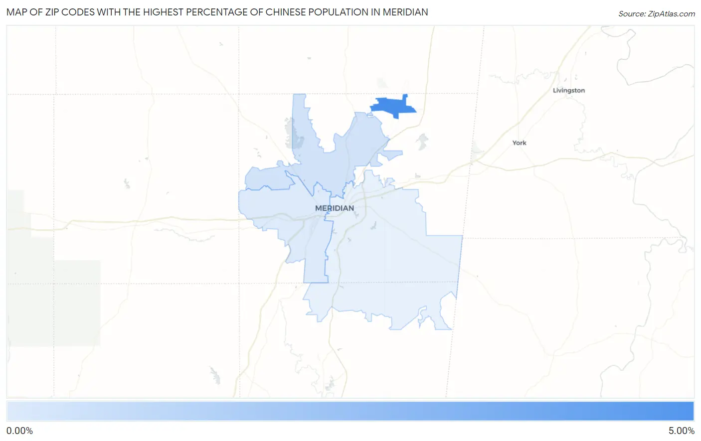 Zip Codes with the Highest Percentage of Chinese Population in Meridian Map