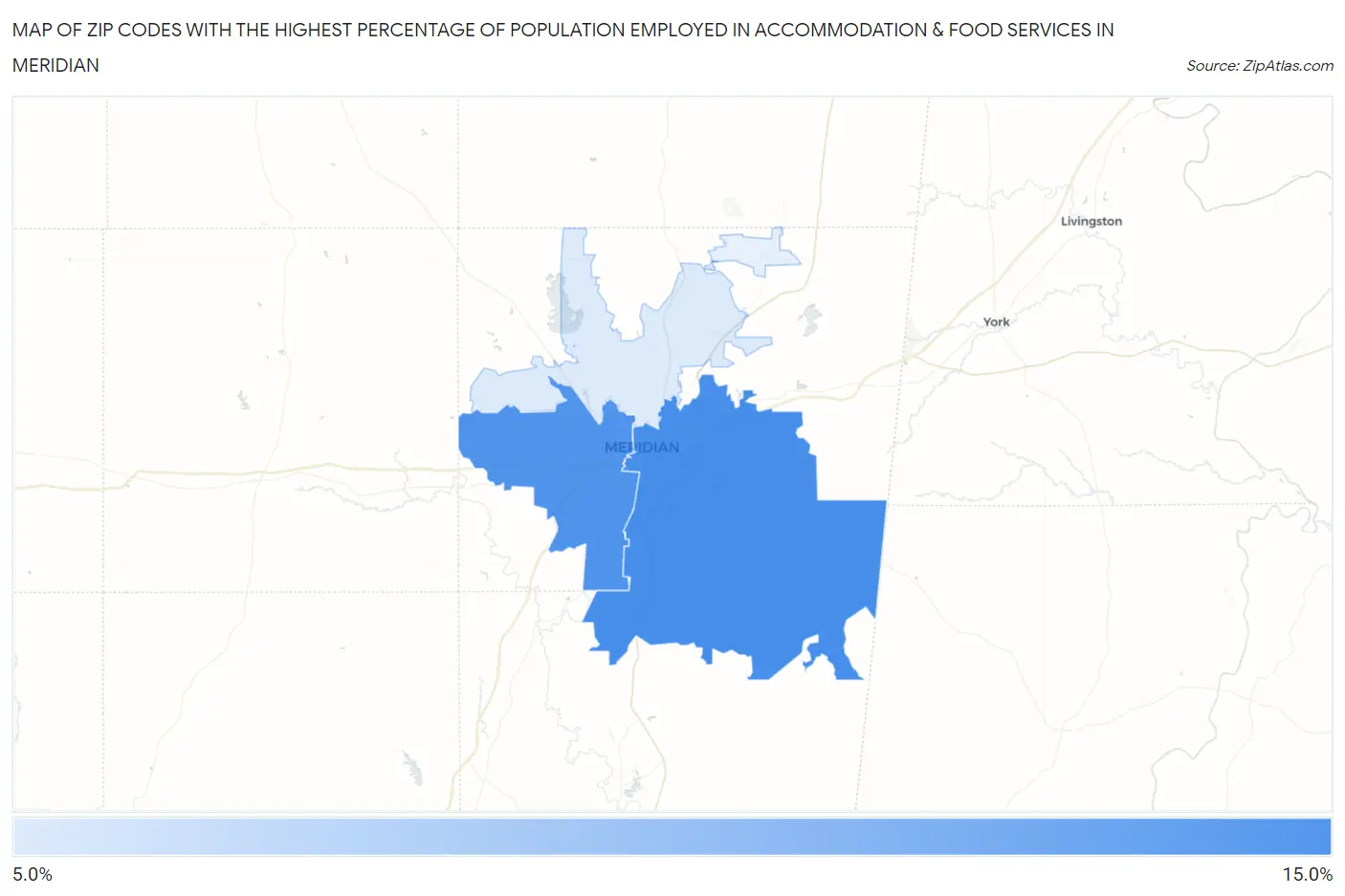 Zip Codes with the Highest Percentage of Population Employed in Accommodation & Food Services in Meridian Map