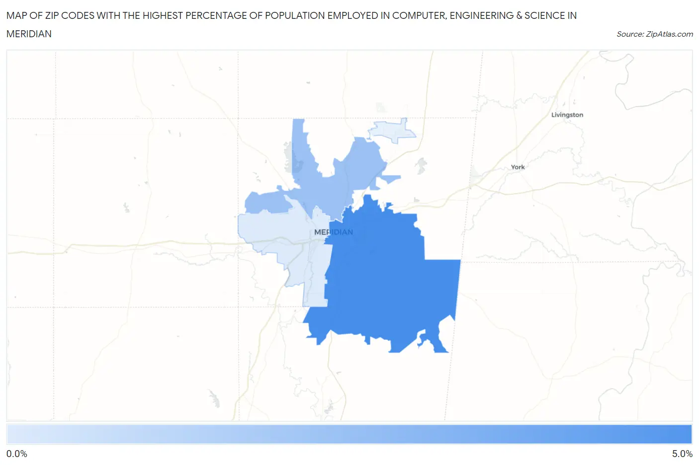 Zip Codes with the Highest Percentage of Population Employed in Computer, Engineering & Science in Meridian Map