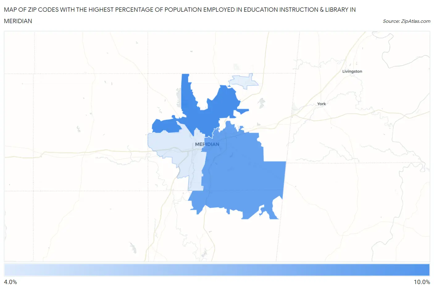 Zip Codes with the Highest Percentage of Population Employed in Education Instruction & Library in Meridian Map
